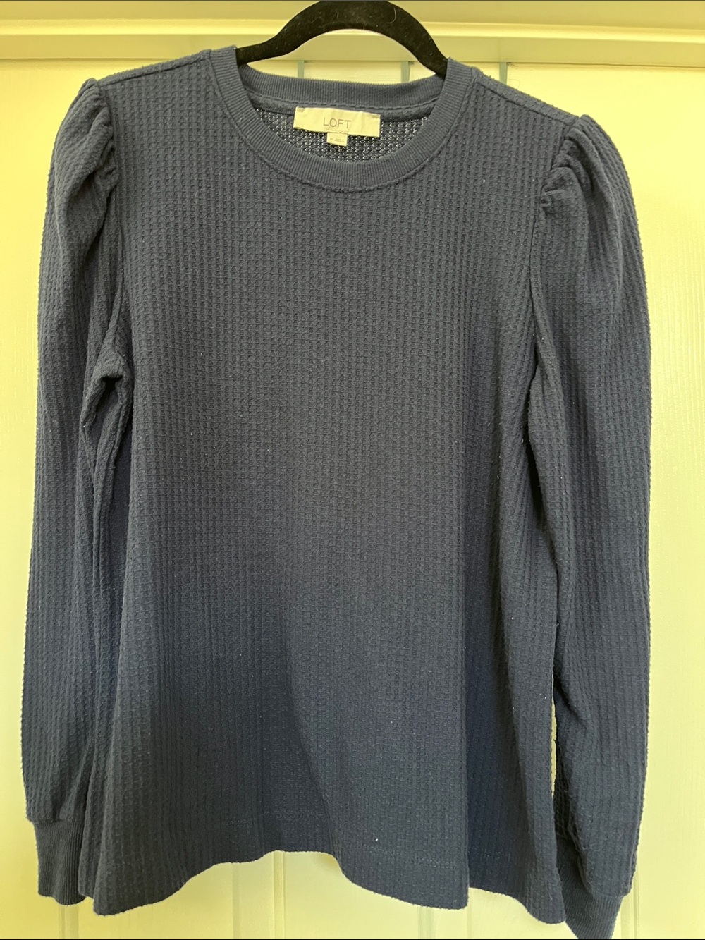 LOFT Navy Waffle-Knit Long Sleeve Top with Puff Shoulders